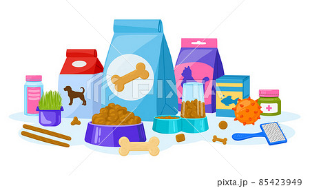 Cartoon pet food, cats and dogs pet shop accessories. Domestic pet food, pet shop equipment poster vector illustration. Animal food and accessories advertising background Cartoon pet food, cats and dogs pet shop accessories. Domestic pet food, pet shop equipment poster vector illustration. Animal food and accessories advertising background 85423949