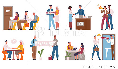 Hiring and recruitment process, job interview, employment scenes. Job seekers waiting for job interview vector illustration set. Hiring process scenes 85423955