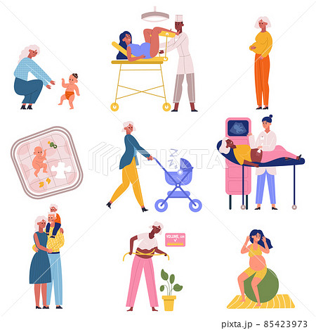 Pregnancy and childbirth scenes, young parents daily activities. Motherhood and newborn baby daily activity vector illustration set. Maternity, parenting scenes 85423973