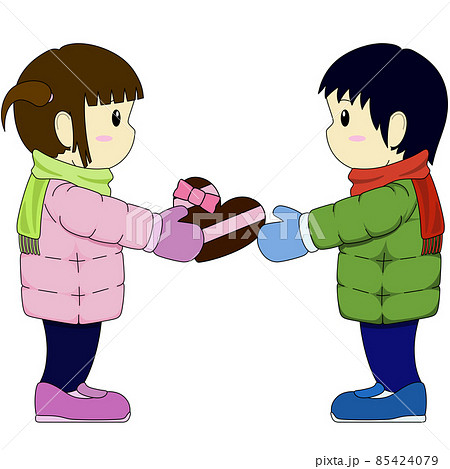 女の子が男の子にチョコレートを渡すイラスト(アウトラインあり) 女の子が男の子にチョコレートを渡すイラスト(アウトラインあり) 85424079