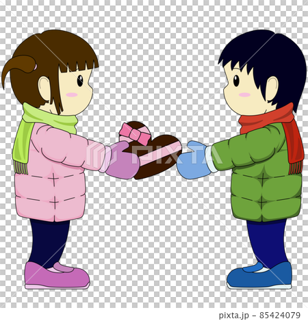 女の子が男の子にチョコレートを渡すイラスト(アウトラインあり) 女の子が男の子にチョコレートを渡すイラスト(アウトラインあり) 85424079