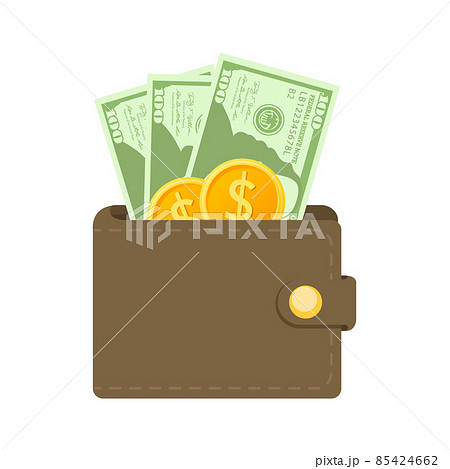 brown leather two fold wallet and moeny golden coin banknotes cartoon vector illustration isolated object 85424662