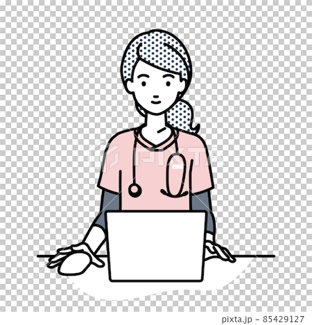 デスクで座ってPCを使っている看護師の女性 デスクで座ってPCを使っている看護師の女性 85429127