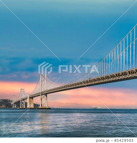 Panoramic view of San Francisco Bay bridge, California, United States 85429503