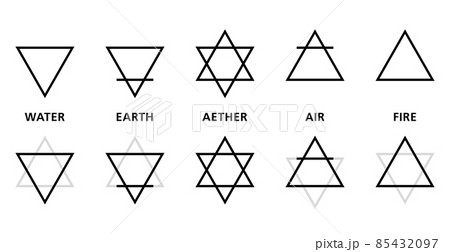 Development of the symbols of the classical four elements. Fire, air, water and earth, derived from two equilateral triangles, a hexagram and symbol of the fifth element, also known as Star of David. Development of the symbols of the classical four elements. Fire, air, water and earth, derived from two equilateral triangles, a hexagram and symbol of the fifth element, also known as Star of David. 85432097