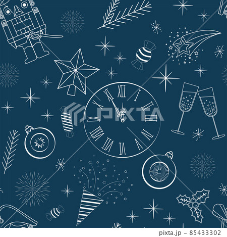 seamless pattern on blue background nutcracker clock champagne white outline seamless pattern on blue background nutcracker clock champagne white outline 85433302