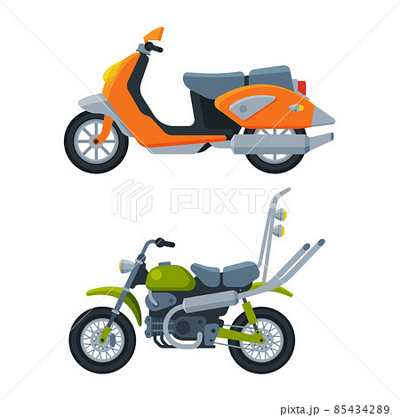 Motorcycle or Motorbike and Scooter as Two-wheeled Motor Vehicle Side View Vector Set 85434289