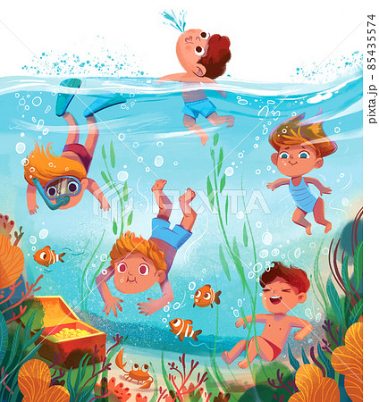 Children are engaged in diving. Kids found the treasure chest 85435574