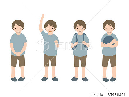 ガッツポーズやリュックを背負った、正面向きの男の子の全身イラストセット(夏) ガッツポーズやリュックを背負った、正面向きの男の子の全身イラストセット(夏) 85436861