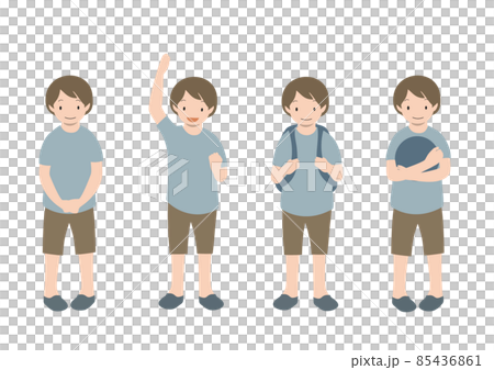 ガッツポーズやリュックを背負った、正面向きの男の子の全身イラストセット(夏) ガッツポーズやリュックを背負った、正面向きの男の子の全身イラストセット(夏) 85436861