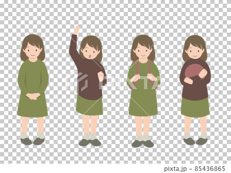 ガッツポーズやリュックを背負った 正面向きの女の子の全身イラストセット 秋 冬 のイラスト素材