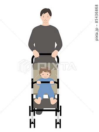 イラスト素材 笑顔の赤ちゃんが座ったベビーカーを押している男性のイラスト素材