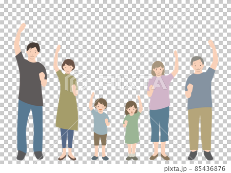 イラスト素材：笑顔でガッツポーズをとっている3世代家族のイラストセット 85436876