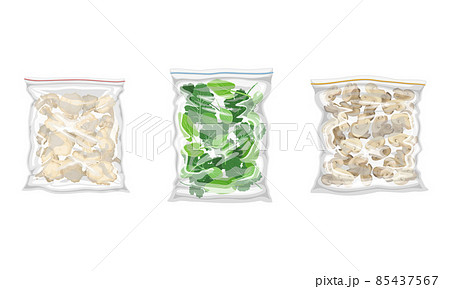 Frozen Mushrooms and Cauliflower Prepackaged and Ready to Culinary Use Vector Set 85437567