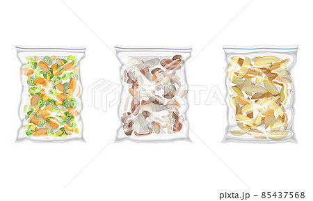 Frozen Mushrooms and Sliced Potato Prepackaged and Ready to Culinary Use Vector Set 85437568