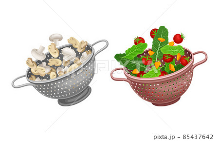 Vegetables in kitchen colander set. Strainers full of fresh tomato, lettuce and champignon mushrooms. Healthy organic food vector illustration 85437642