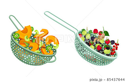 Vegetables in kitchen colander set. Strainers full of pumpkin, pepper, currant, gooseberry, raspberry fresh berries and vegetables. Healthy organic food vector illustration 85437644