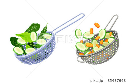 Vegetables in kitchen colander set. Strainers full of greenery, cucumber, zucchini, carrot vegetables. Healthy organic food vector illustration 85437648