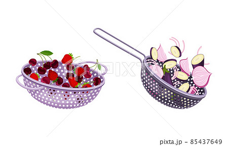 Vegetables in kitchen colander set. Strainers full of cherry and strawberry berries, onion and eggplant vegetables. Healthy organic food vector illustration 85437649