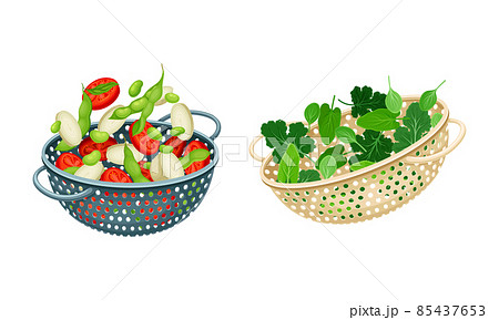Vegetables in kitchen colander set. Strainers full of tomato, bean, peas, greenery. Healthy organic food vector illustration 85437653
