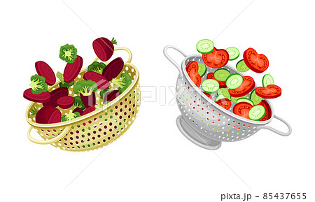 Vegetables in kitchen colander set. Strainers full of beetroot, broccoli, tomato,cucumber vegetables. Healthy organic food vector illustration Vegetables in kitchen colander set. Strainers full of beetroot, broccoli, tomato,cucumber vegetables. Healthy organic food vector illustration 85437655