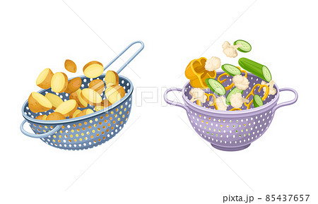 Vegetables in kitchen colander set. Strainers full of cauliflower, cucumber, potato, pepper vegetables. Healthy organic food vector illustration 85437657