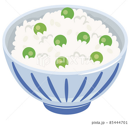 【ベクター】お茶碗に盛られた旬のえんどう豆ご飯のイラスト（春の味覚） 85444701