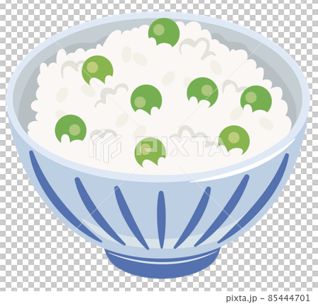 【ベクター】お茶碗に盛られた旬のえんどう豆ご飯のイラスト（春の味覚） 85444701