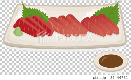 [Vector] Hand-drawn style illustration of a three-kind tuna sashimi platter. Includes lean tuna, medium fatty tuna, fatty tuna, and a small dish of soy sauce. Izakaya menu material. 85444781