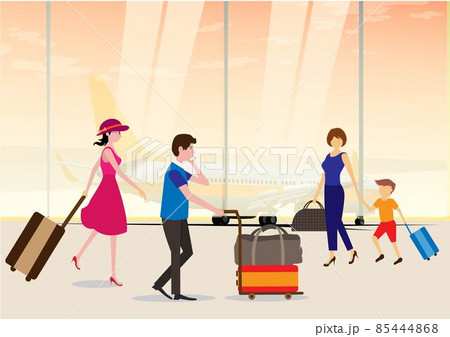 people with bags Depart and book a plane ticket through the airport. flat vector illustration people with bags Depart and book a plane ticket through the airport. flat vector illustration 85444868