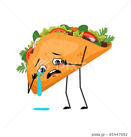 Cute character mexican taco with crying and tears emotion, sad face, depressive eyes, arms and legs. Fast food person with melancholy expression, sandwich with flatbread. 85447092