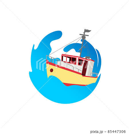 Fisherman boat logo illustration.Sea or ocean transportation, marine ship for industrial seafood production vector illustration in flat style. Fisherman boat logo illustration.Sea or ocean transportation, marine ship for industrial seafood production vector illustration in flat style. 85447306