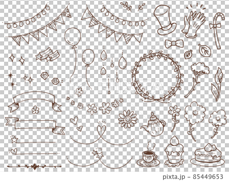 Hand-painted simple decorative material set-sepia (garland, line frame, flowers, hearts, glitter, etc.) Hand-painted simple decorative material set-sepia (garland, line frame, flowers, hearts, glitter, etc.) 85449653