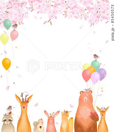 森の動物が満開の桜の木の下にいる春の北欧風かわいい風船付きフレームイラストベクター素材 のイラスト素材