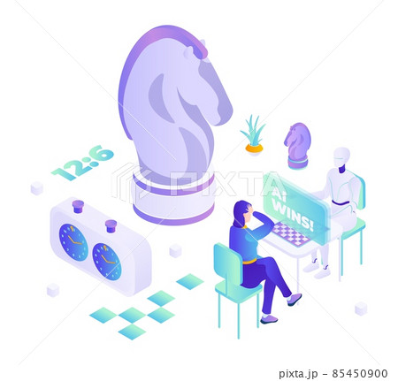 Robot machine and woman playing chess, flat vector isometric illustration. AI wins. Robots superiority. AI vs human. Robot machine and woman playing chess, flat vector isometric illustration. AI wins. Robots superiority. AI vs human. 85450900