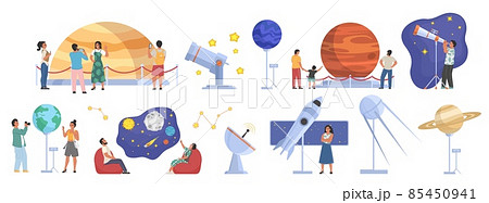 Planetarium, space museum scenes. People looking at sky, planets, stars, celestial bodies, listening to guide, vector. 85450941