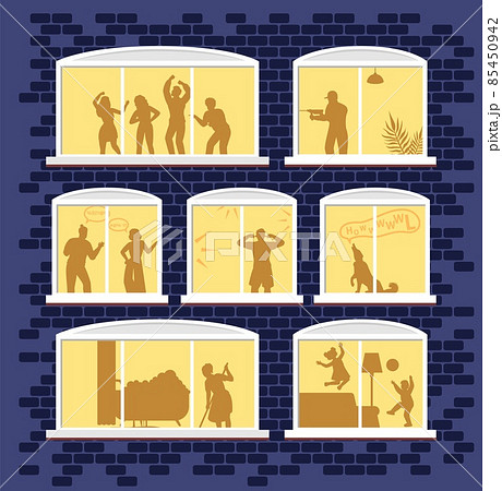 Multistorey apartment house windows with noisy neighbors dancing, screaming, drilling wall, playing loudly, vector. 85450942