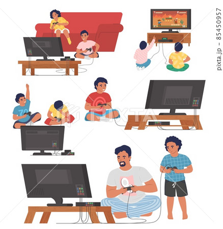 Gamers playing console video games on tv with controllers, vector illustration. Video gaming technologies. Leisure time. 85450957