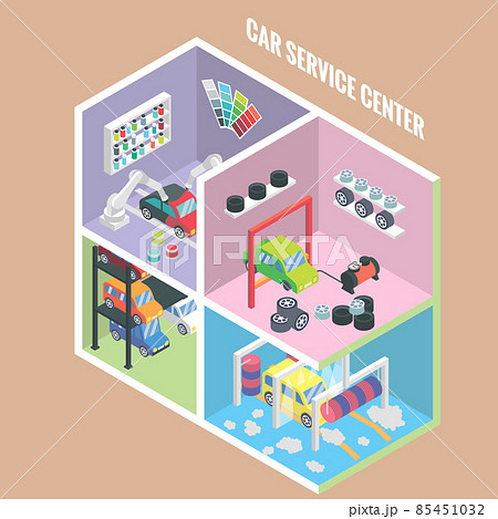 Car service center isometric icons. Vector flat 3d design elements. Auto painting, collision repair, multi level parking, car wash, change tyres, Car mechanic garage 85451032