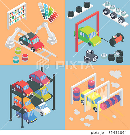 Car service center isometric icons. Vector flat 3d design elements. Auto painting, collision repair, multi level parking, car wash, change tyres, Car mechanic garage Car service center isometric icons. Vector flat 3d design elements. Auto painting, collision repair, multi level parking, car wash, change tyres, Car mechanic garage 85451044