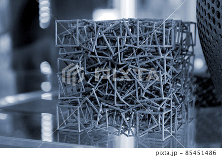 Black abstract model object printed on 3d printer from powder close-up 85451486