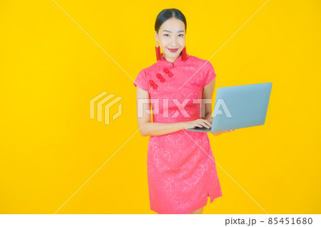 Portrait beautiful young asian woman smile with computer laptop 85451680