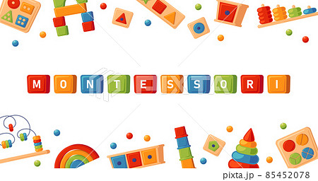 Montessori education logic toys. Children wooden toys for preschool kids. Montessori system for early childhood development. Banner with multicolored sorters. Vector illustrations on white background 85452078