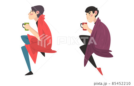 Man Sitting Covered with Cozy Plaid Enjoying Hot Drink in Mug Vector Set 85452210
