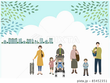 青空と新緑を背景に、ペットを連れた3世代家族の旅行をイメージしたイラスト 青空と新緑を背景に、ペットを連れた3世代家族の旅行をイメージしたイラスト 85452351