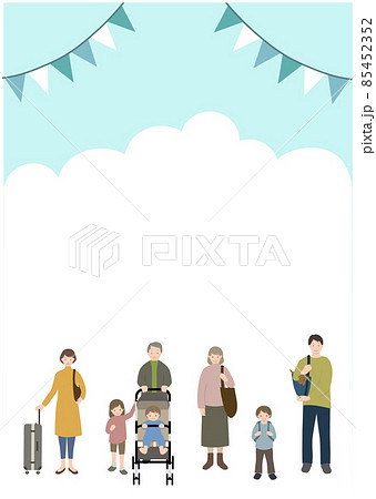 青空とガーランドを背景に、ペットを連れた3世代家族の旅行をイメージしたイラスト 青空とガーランドを背景に、ペットを連れた3世代家族の旅行をイメージしたイラスト 85452352
