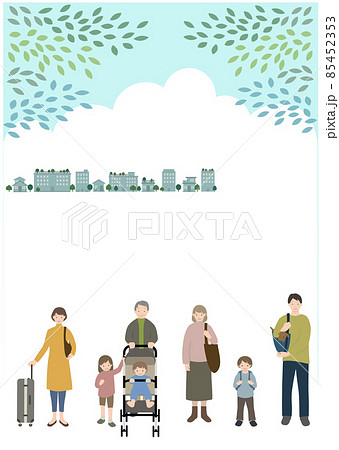 青空と新緑を背景に、ペットを連れた3世代家族の旅行をイメージしたイラスト 85452353