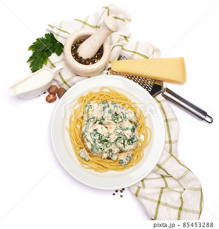 Portion of delicious meatballs with spinach in a creamy sauce and pasta Portion of delicious meatballs with spinach in a creamy sauce and pasta 85453288