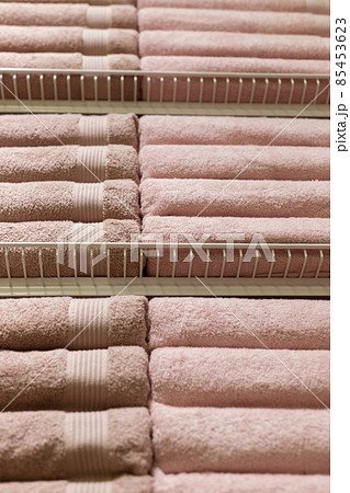 Stack of fluffy towels in store. Background Stack of fluffy towels in store. Background 85453623