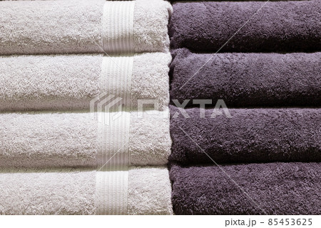 Stack of fluffy towels in store. Background 85453625